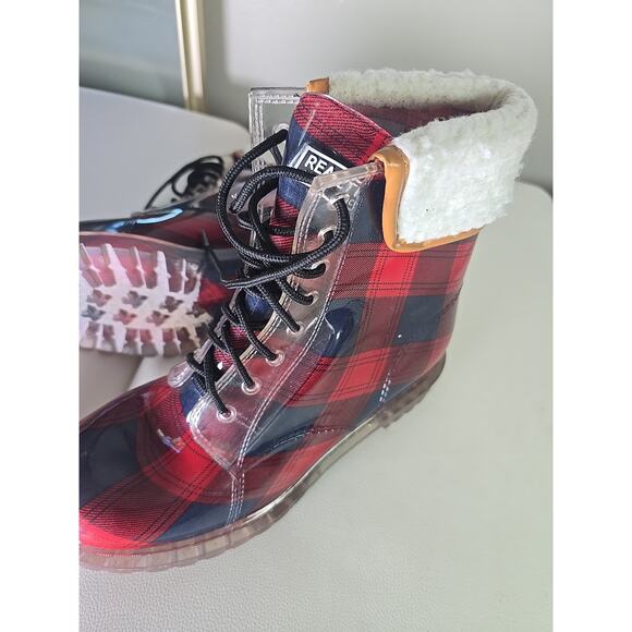 Red Plaid Baddie Combat Boots Rain Rubber Cozy Kenneth Cole Size 11 Christmas - Picture 10 of 10